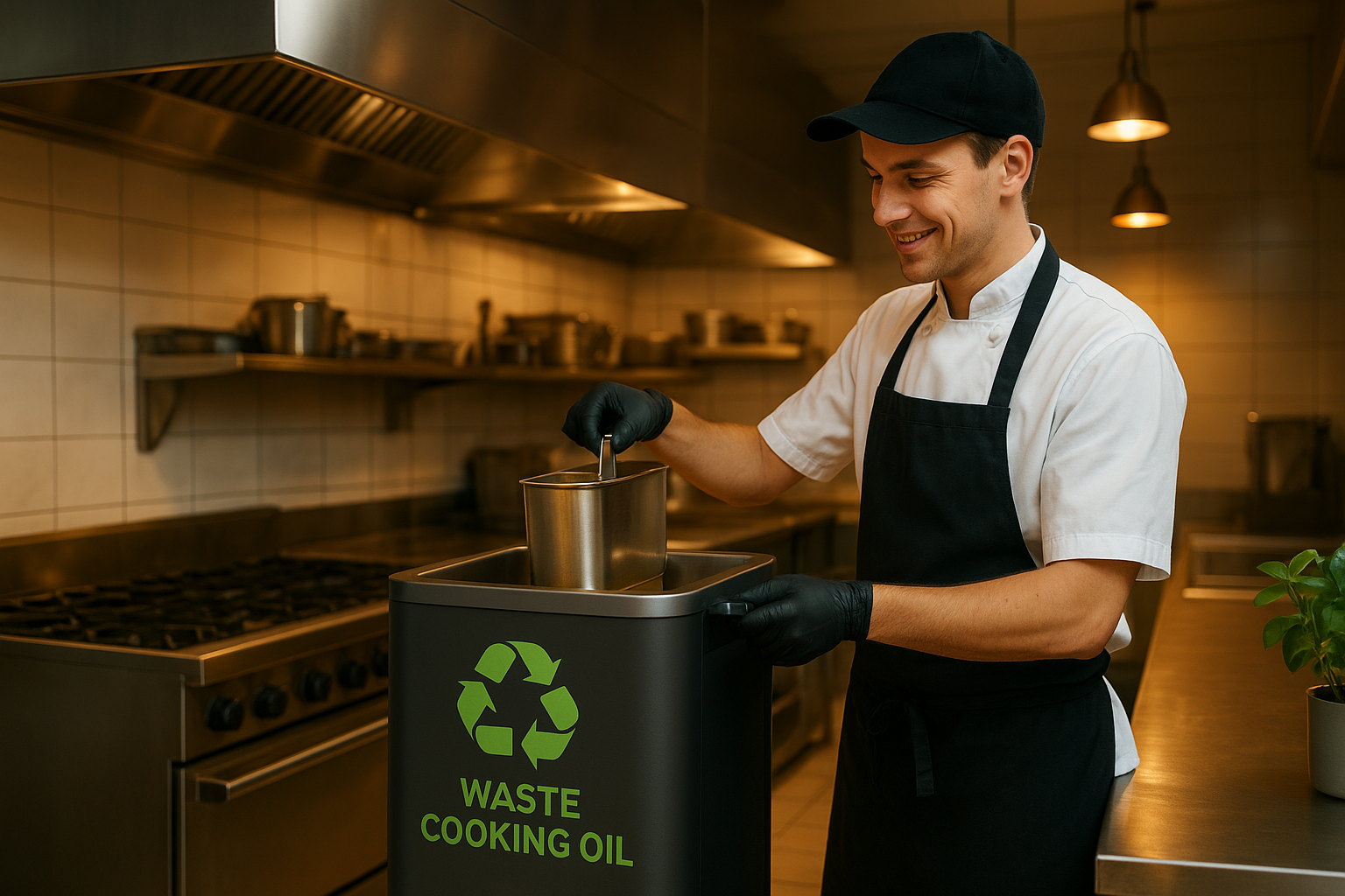 Professional waste cooking oil collection service in a commercial kitchen